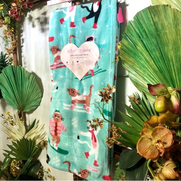 NWT! Betsey Johnson Whimsical Christmas Cats Modern Turquoise Throw - Picture 1 of 5